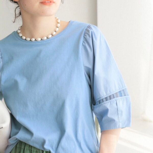 美品 B.C STOCK Simplicite 袖メッシュレース ギャザー 半袖 カットソー Tシャツ