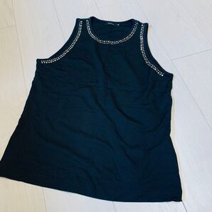 新品 ラインストーン 黒 タンクトップ キャミソール ノースリーブ Tシャツ カットソー トップス