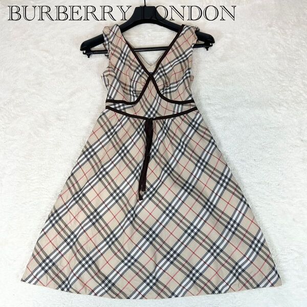 美品!BURBERRY ノバチェック フリル ワンピース リボン ノースリーブ