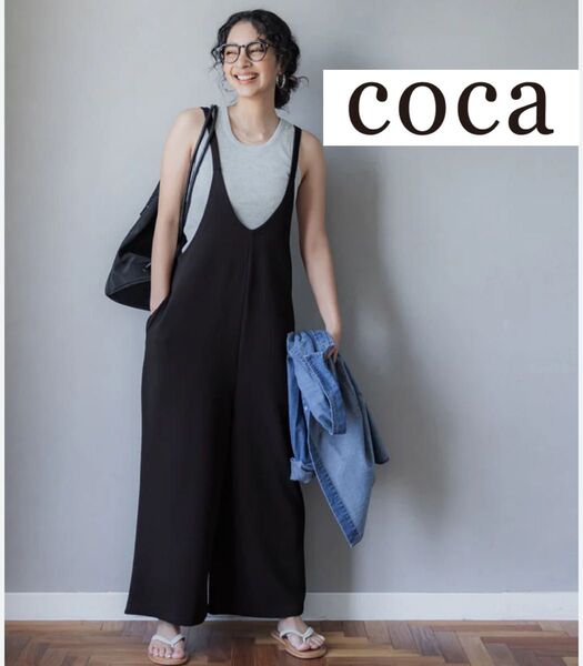 coca エンボス加工 深Vネック オールインワン ブラック