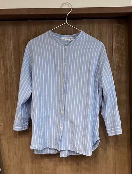 UNIQLO リネン レーヨン ストライプ シャツ 七分袖 WOMEN XL 中古 ブルー