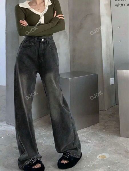 SHEIN カジュアル ワイドレッグデニムパンツ ダークグレー s