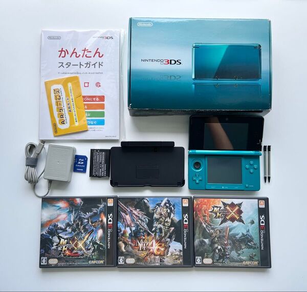 ニンテンドー3DS アクアブルー本体 ARカード モンハンソフト3点付き CTR-001 アクアブルー Nintendo