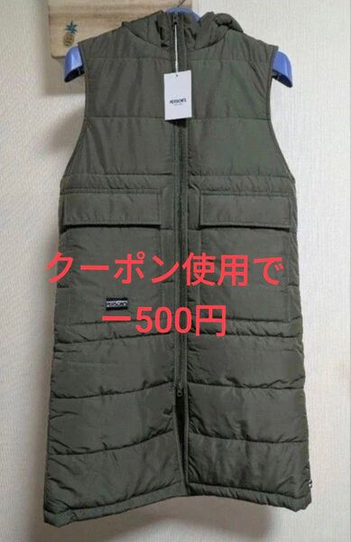 PERSON'S オリーブ フード付きキルティング ダウンベスト パーソンズ アウター 防寒