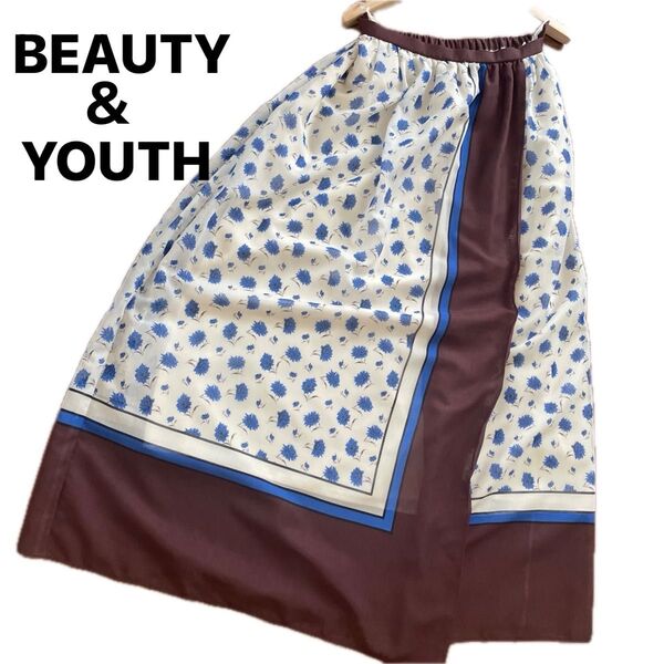 未使用品★BEAUTY&YOUTH★ロングスカート ブラウン ×花柄 シフォン素材