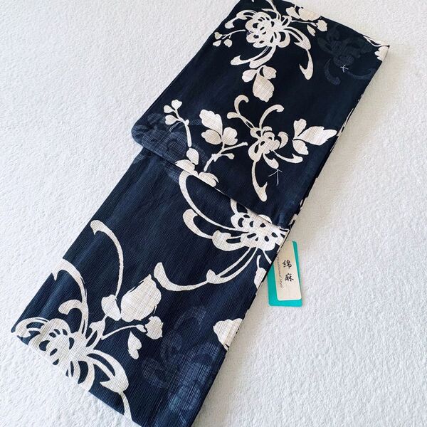 新品 綿麻 乱菊 生成り 黒 古典柄 高級綿麻浴衣 お仕立て上がり 浴衣単品 サイズF 女性用