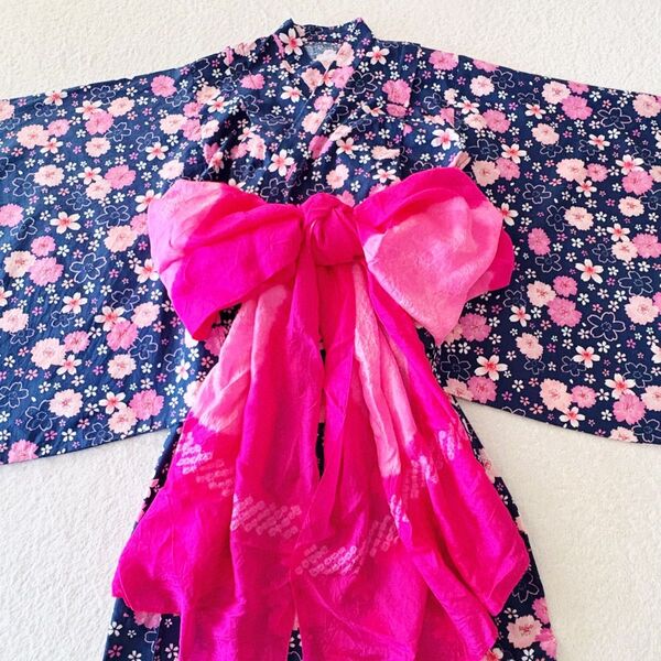美品 130 140 2way ワンピース 浴衣ドレス ネイビー 桜 兵児帯 女の子
