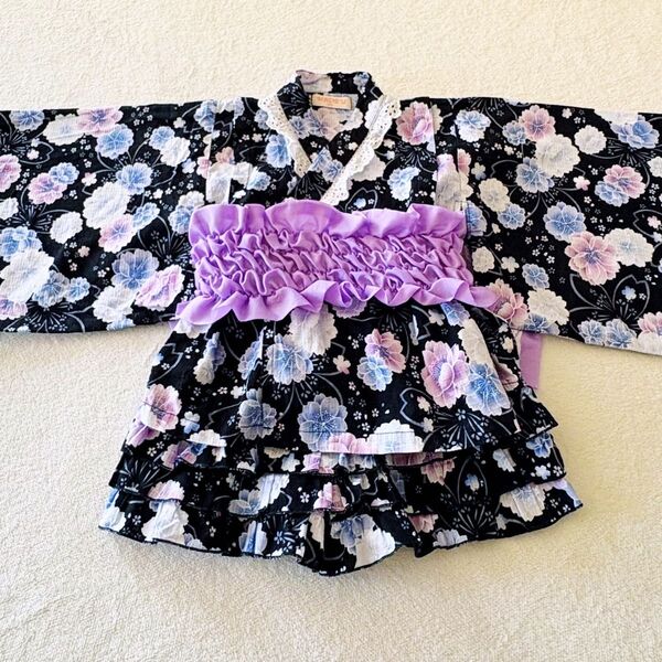 美品 セパレート 浴衣ドレス キュロット ブラック 桜 和柄 古典柄 変わり織 肌にさらっとした着心地 女の子 浴衣 夏祭り