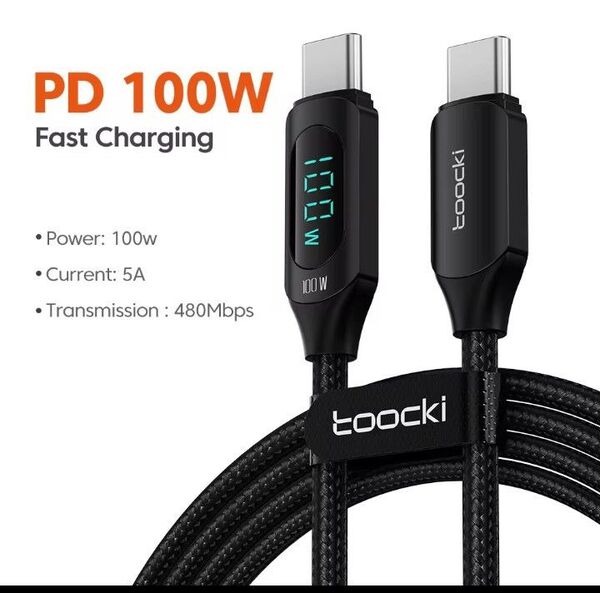新品 toocki 100W PD usb type c-c ケーブル ディスプレイ LED表示 1M ブラック