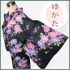 新品【浴衣】女性浴衣 花文様 黒 花火大会 夏祭り 単衣 身丈167cm 盆踊り 夕涼み 納涼会 踊り 練習着 y08