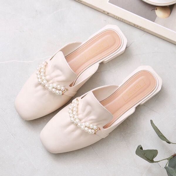サンダル サボ ぺたんこ フラット スリッポン 妊婦 靴 黒 スリッパ パール パンプス パンプス