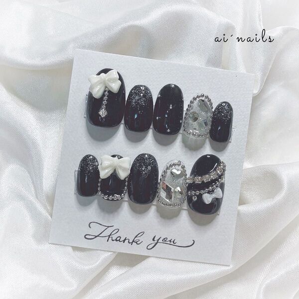 57.オーダーネイルチップ リボン フレンチガーリー ワンホン 韓国 量産型