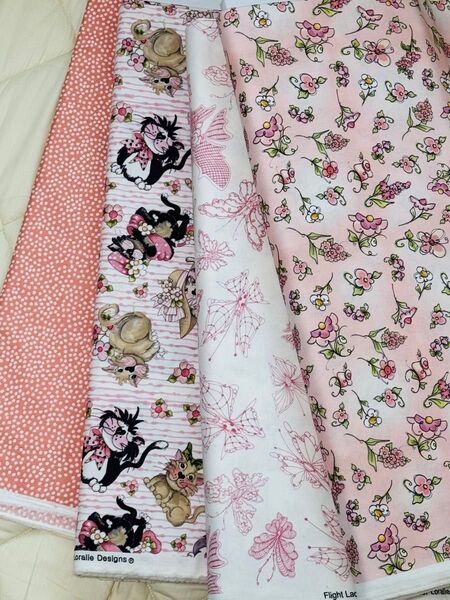 延長で600円!大特価 セール ロラライハリス 4種 ピンク パンジー 花 蝶々 ネコ キャット ドット USAコットン ハギレ