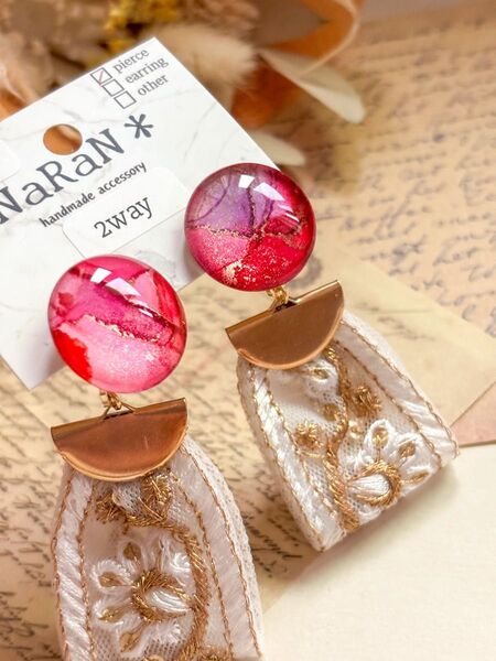 410≫アルコールインクアート【nara】2wayインド刺繍リボンタッセルピアス ハンドメイド アクセサリー