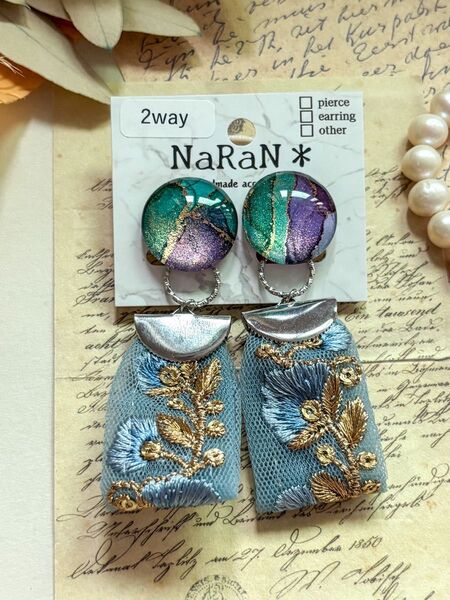 422≫アルコールインクアート【nara】2wayインド刺繍リボンタッセルイヤリング シルバー イヤリング
