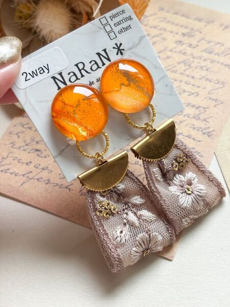 441≫アルコールインクアート【nara】2wayインド刺繍リボンタッセルイヤリング アクセサリー
