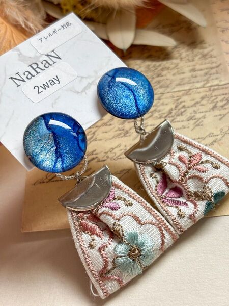 506≫アルコールインクアート【nara】2wayインド刺繍リボンタッセルピアス ハンドメイド