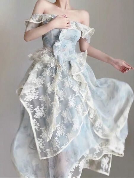 オフショルダードレス レース ライトブルー セットアップドレスM size