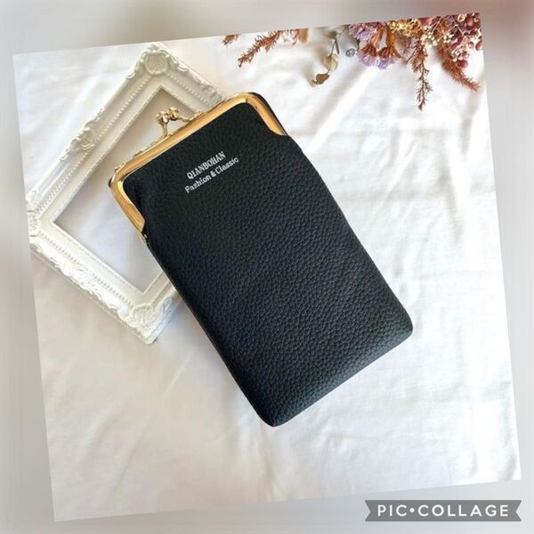 スマホショルダー スマホポーチ スマホ財布 がま口 レディース バッグ ブラック