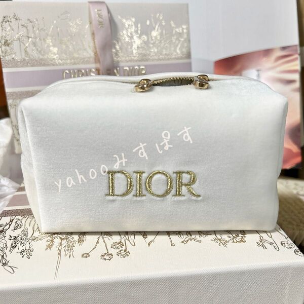 DIOR 海外限定 ダブルトップ ジッパー 最高級プレステージ コフレ付属 ノベルティ ポーチ ホワイト ゴールド 金刺繍 希少
