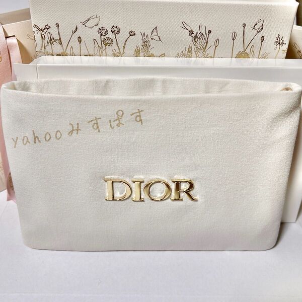 未開封新品 ディオール ノベルティ ファブリック コットン フラットポーチ ゴールド金具 アイボリー DIOR メタルロゴ 107