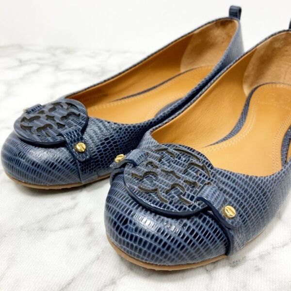 美品☆TORY BURCH フラットシューズ パンプス ネイビー レザー 24㎝ トリーバーチ