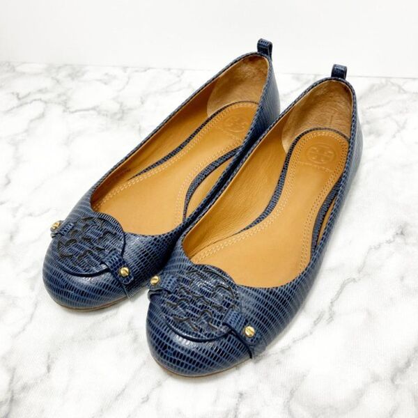 美品☆TORY BURCH フラットシューズ パンプス ネイビー レザー 24㎝ トリーバーチ