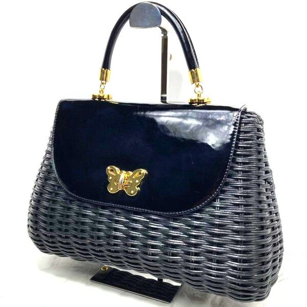 激カワ☆ANNA SUI かごバッグ ハンドバッグ エナメル 蝶 バタフライ 保存袋付 黒 ゴールド金具