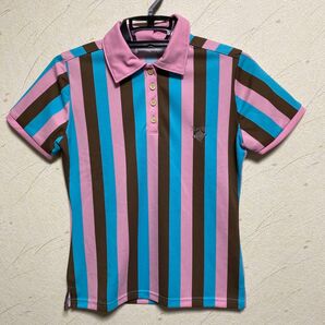 【PLANET GOLF】プラネットゴルフ 半袖マルチストライプシャツ ピンク系 S ゴルフウェア レディース 半袖ポロシャツ
