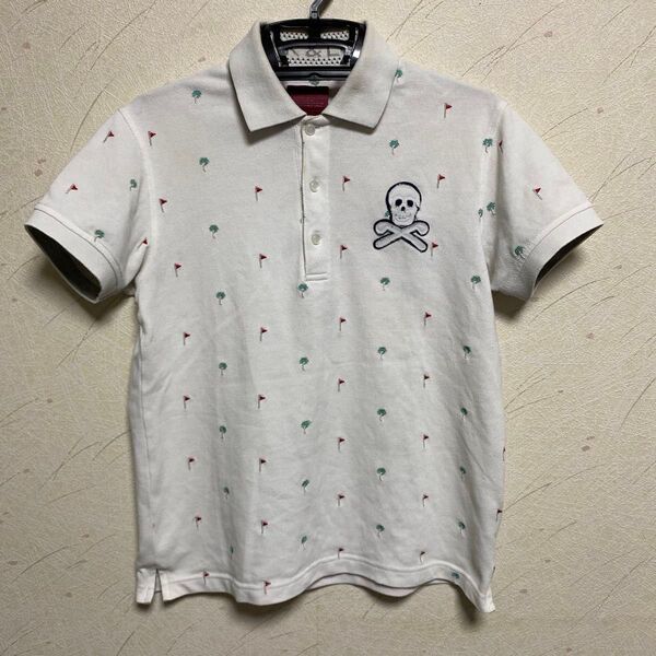 【MARK&LONA】マークアンドロナ 半袖ゴルフシャツ 白 ホワイト S スカル 総柄 ゴルフウェア 半袖ポロシャツ GOLF