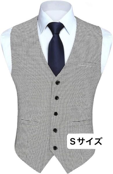 ジレ スーツ ベスト メンズ チェック柄 Vネック 5ボダン 3ポケット スリム 尾錠付き ビジネス 結婚式 ジレベスト S