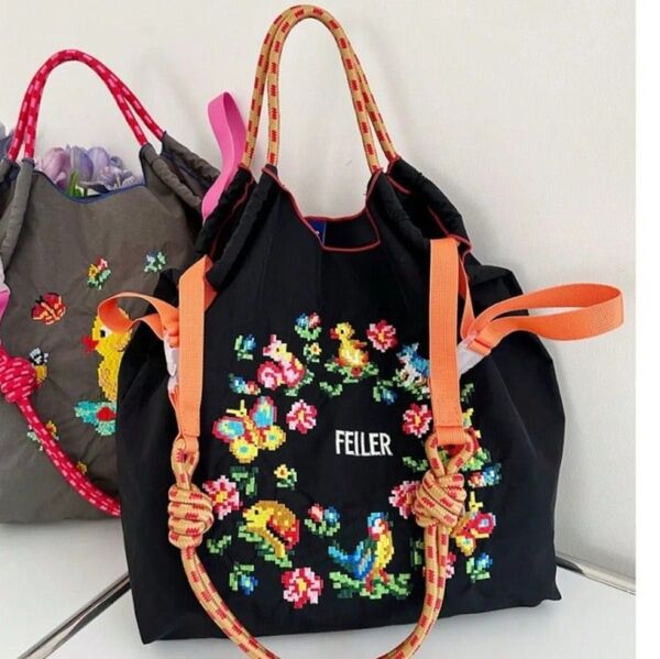 刺繍 ナイロントートバッグ ブラック ショルダーベルト付き M アヒル てんとう虫 新品未使用