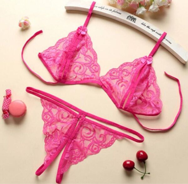 セクシーランジェリー ブラショーツセット シースルー ショーツ 下着 オープンクロッチ Tバック 紐ブラ チェリーピンク(1350