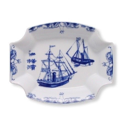 横浜増田窯 横浜元町南蛮柄絵図 帆船 角鉢 中皿 陶磁器 ホワイト&ブルー 菓子鉢 和食器 プレート
