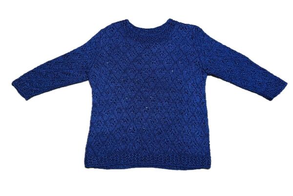 レディース 手編み 鮮やかブルー 透かし編みニット 春夏秋用 完全ハンドメイド 未使用品