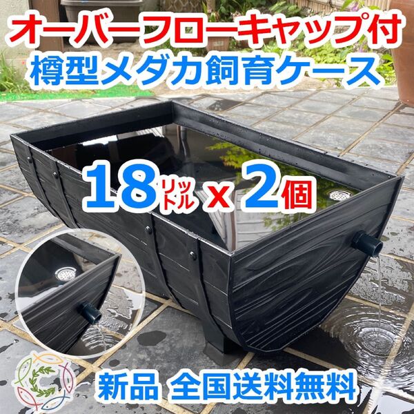 【新タイプ】メダカ飼育ケース 樽型18㍑ 黒x2個 オーバーフローキャップ付 メダカ飼育容器 水草 ビオトープ 金魚鉢【五色アクア
