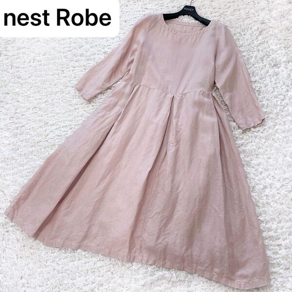 ネストローブ 天然染めリネンギャザータックワンピース ピンク 日本製 nest Robe ロングワンピース 麻100%
