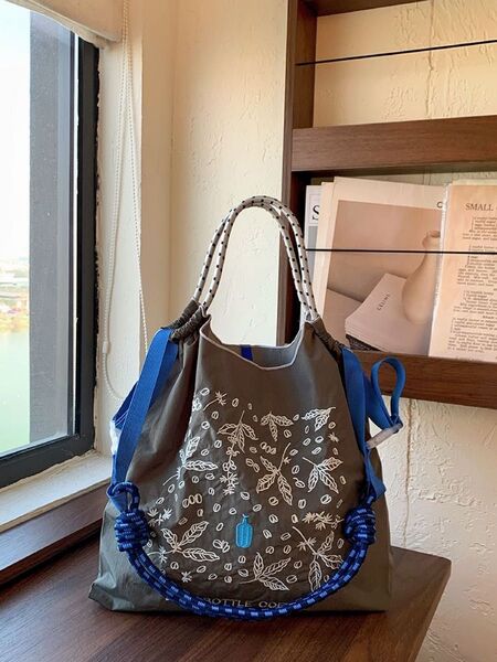 刺繍エコバッグ グレー M ショルダー付き