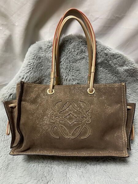 超希少!ラメ加工!美品!ロエベ アナグラム ショッパートート スエード 茶 トートバッグ LOEWE 肩掛け ブラウン系