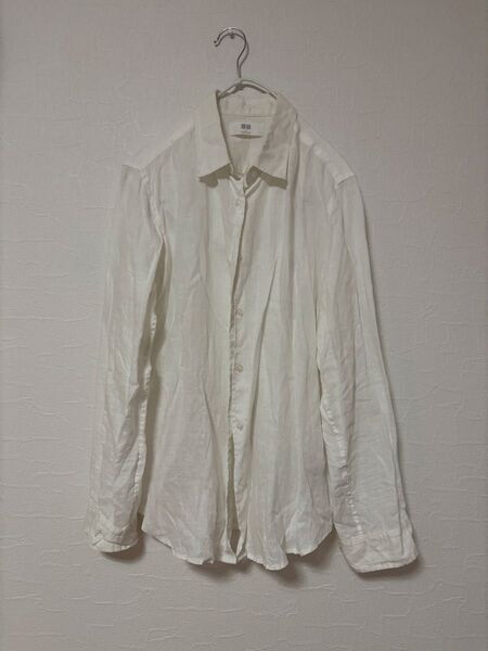 麻100% シャツ 白 ブラウス ホワイト 長袖 リネン レディースファッション UNIQLO L