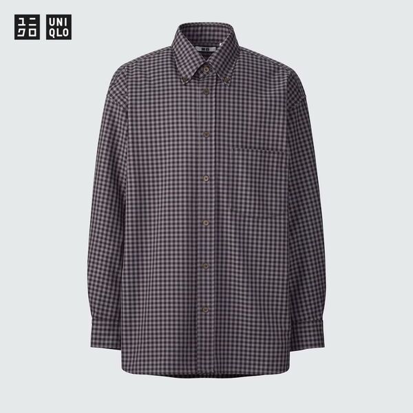 ユニクロ U ツイルオーバーサイズシャツ ブラウン UNIQLO ユー L 長袖 ボタンダウン チェック 柄