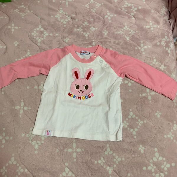 ミキハウス 長袖Tシャツ 80 ピンクうさぎアップリケ