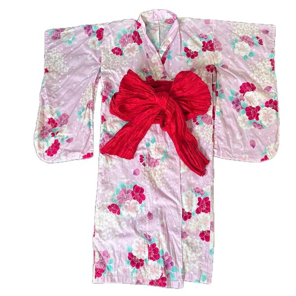帯付き浴衣☆120cm花柄浴衣 帯付き 2点セットピンク薄紫赤キッズ子供ラメ 可愛い浴衣 ゆめかわ浴衣 かわいい浴衣
