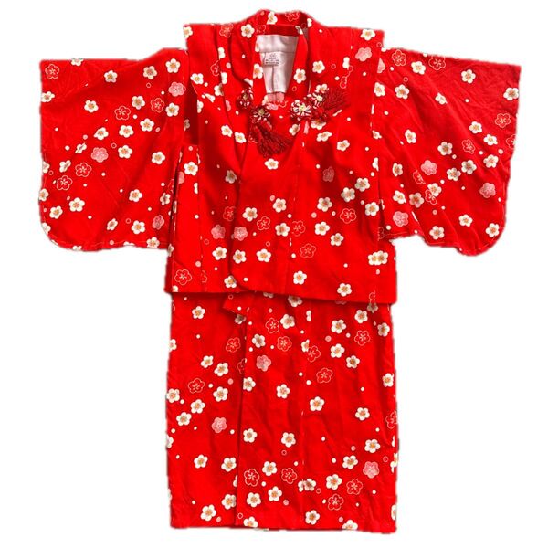 着物 被布 肌襦袢100cm 3点セット753七五三お宮参りお正月女の子 キッズ 子供服 女児 赤 梅柄 梅の花 花柄古着