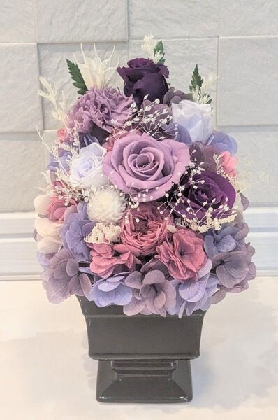 プリザーブドフラワーアレンジメント パープル クリアケース付き お供え 仏花