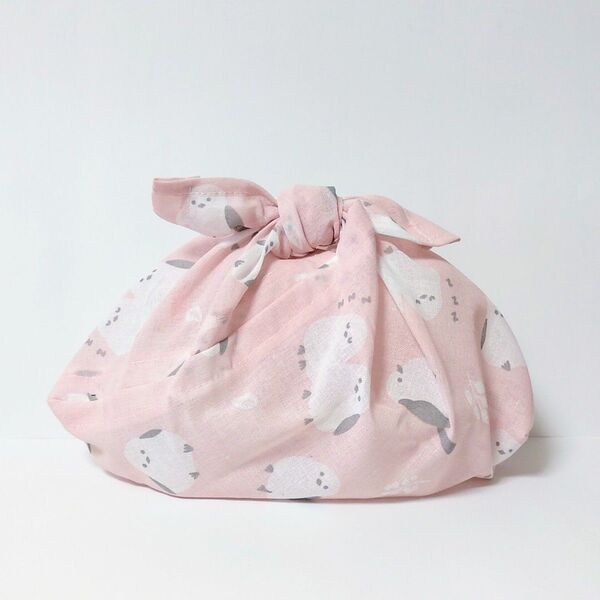 あずま袋*小さめ・マチ付き〈シマエナガ桃〉エコバッグ、お弁当袋 ハンドメイド
