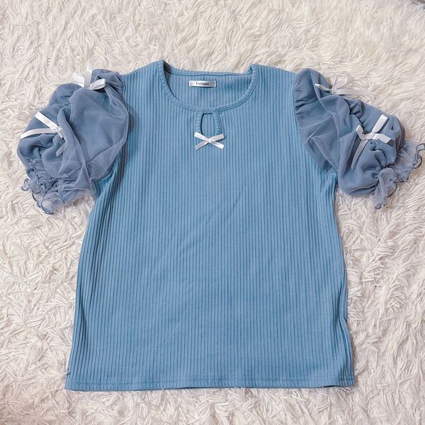 未着用【Lutique】パフスリーブ トップス リボン バレエコア 水色 シフォントップス バレリーナ Tシャツ カットソー