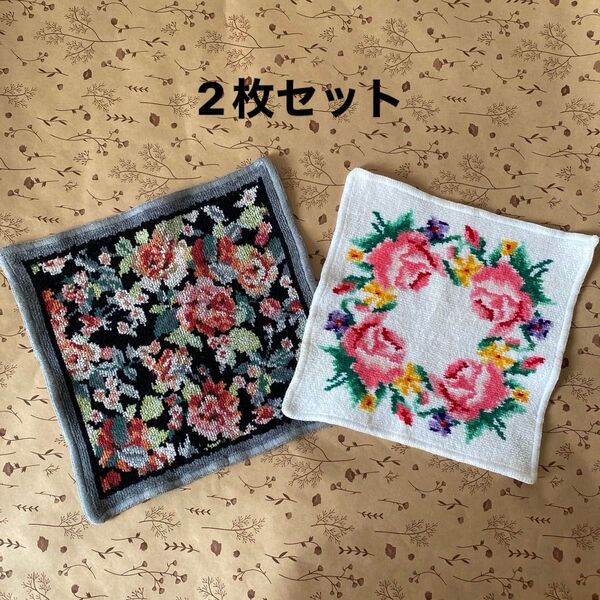 USED FEILERフェイラー タオルハンカチ 2枚セット 薔薇 ブラック&ホワイト 値下げ交渉不可