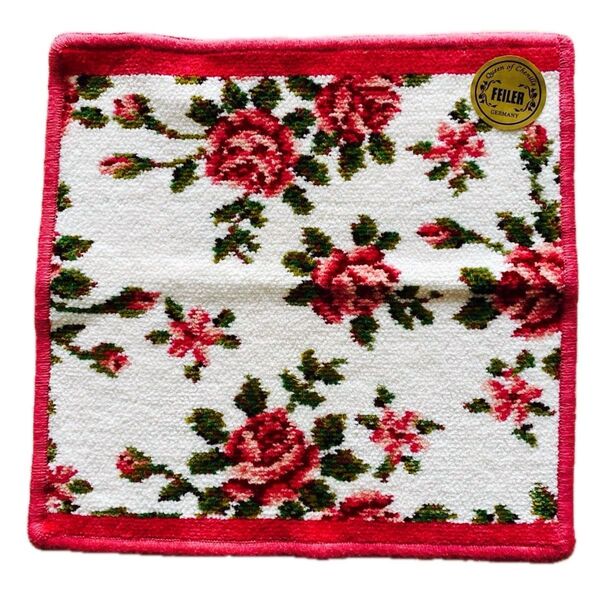 新品未使用 FEILERフェイラー タオルハンカチ 薔薇 ホワイト 縁ワインカラー