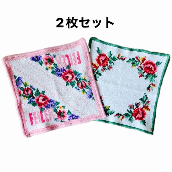 USED FEILER フェイラー タオルハンカチ 2枚セット 花柄 ホワイト 縁ピンク、グリーン 薔薇 値下げ交渉不可